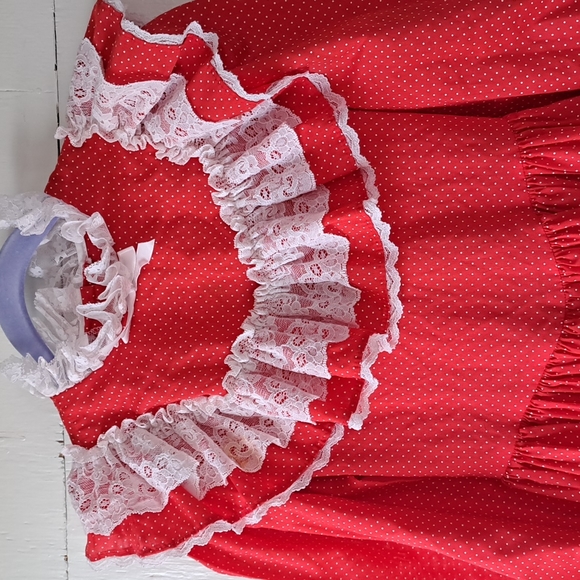 Vintage 80's Mini World Lace & Ruffle Red & White Polka Dot Dress SZ 7 - Picture 3 of 11